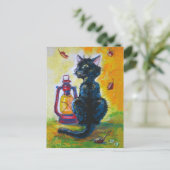 Carte Postale Chat noir et lampe à lanterne rouge (Debout devant)