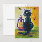 Carte Postale Chat noir et lampe à lanterne rouge (Devant / Derrière)
