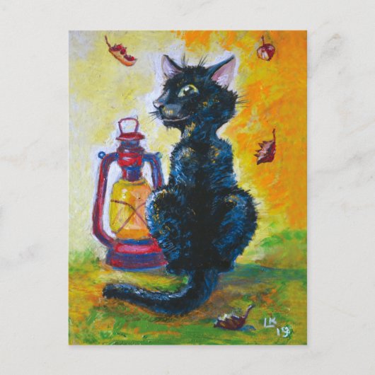 Carte Postale Chat noir et lampe à lanterne rouge (Devant)