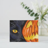 Carte Postale Chat noir et peinture Citrouille d'Halloween (Debout devant)