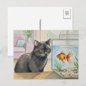Carte postale Chat noir et Poisson rouge (Devant / Derrière)