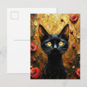 Carte Postale Chat noir et roses (Devant / Derrière)