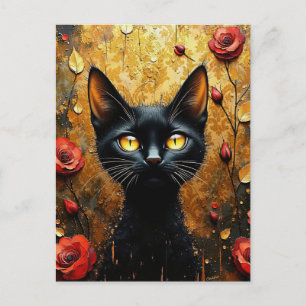 Carte Postale Chat noir et roses