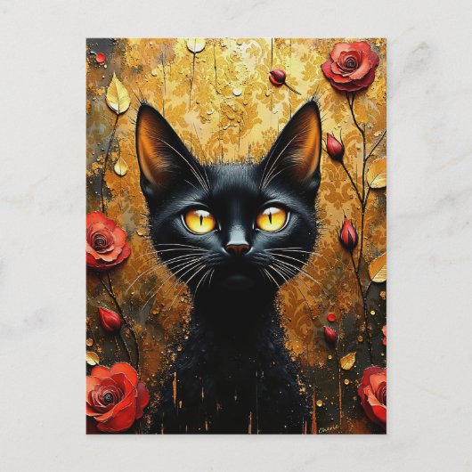 Carte Postale Chat noir et roses (Devant)