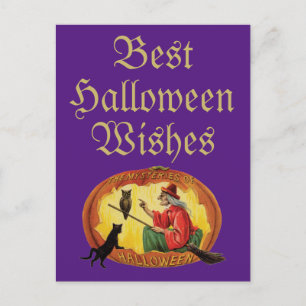 Carte Postale Chat noir et sorcière d'Halloween