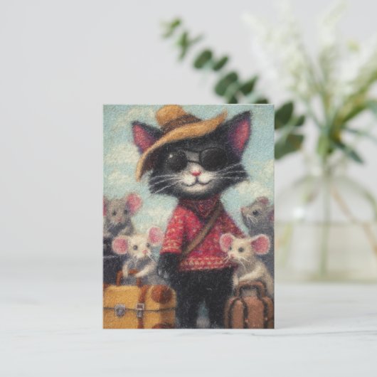 Carte Postale Chat noir et souris en vacances (Debout devant)
