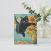 Carte Postale Chat noir et un vase de tournesol (Debout devant)