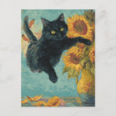 Carte Postale Chat noir et un vase de tournesol (Devant)