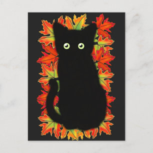 Carte Postale Chat noir, Feuilles d'automne motif, Halloween amu