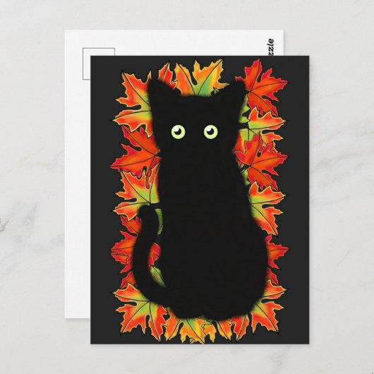 Carte Postale Chat noir, Feuilles d'automne motif, Halloween amu (Devant / Derrière)