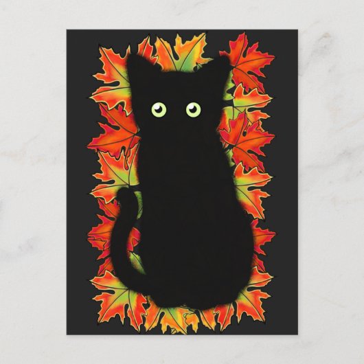 Carte Postale Chat noir, Feuilles d'automne motif, Halloween amu (Devant)