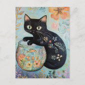Carte Postale Chat noir floral avec poisson rouge (Devant)