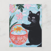 Carte Postale Chat noir floral avec poisson rouge dans un panier (Devant)