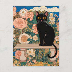 Carte Postale Chat noir floral Gustav Klimt Art vintage modifié