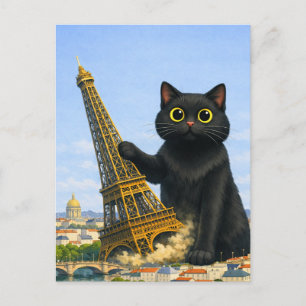 Carte Postale Chat Noir Géant Drôle Renverse la Tour Eiffel