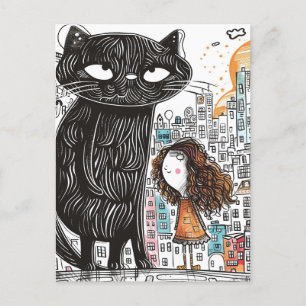 Carte Postale Chat noir géant et la fille dans la ville