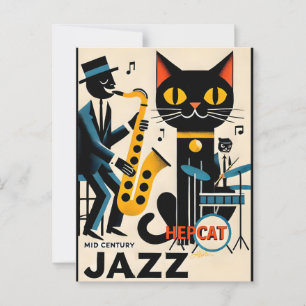 Carte Postale Chat Noir HepCat d'Ère du Jazz Milieu du Siècle
