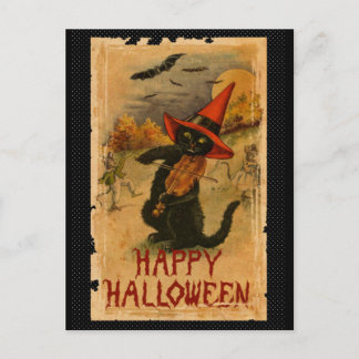 Carte Postale Chat noir heureux de Halloween jouant des battes