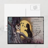 Carte Postale Chat noir Hibou Pleine lune Arbre Nuit (Devant / Derrière)