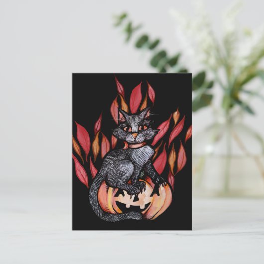 Carte Postale Chat noir Jack-o'-lantern Automne Nature (Debout devant)