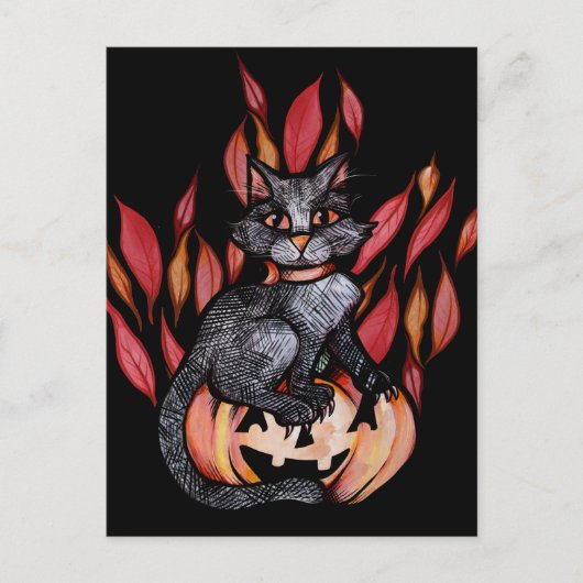 Carte Postale Chat noir Jack-o'-lantern Automne Nature (Devant)