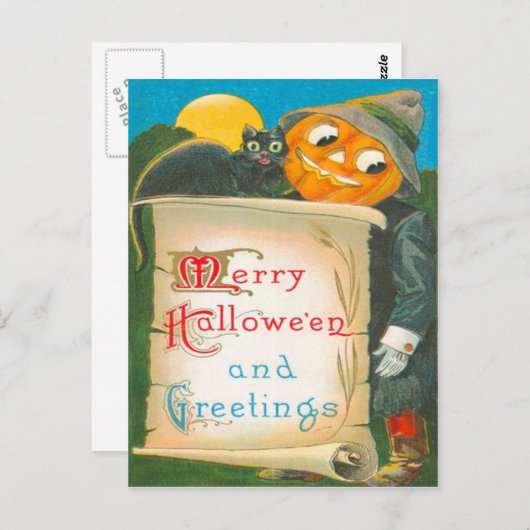 Carte Postale Chat noir Jack-o'-lantern Scarecrow (Devant / Derrière)