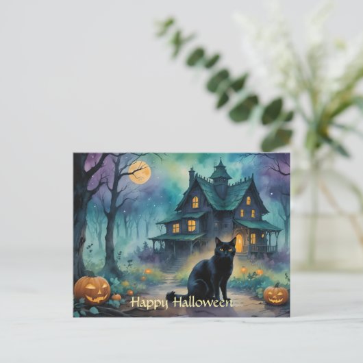 Carte Postale Chat noir, Jack O Lanterns, Halloween Maison Éffra (Debout devant)