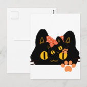 Carte Postale Chat noir kawaii en art à cache-cache avec un nœud (Devant / Derrière)