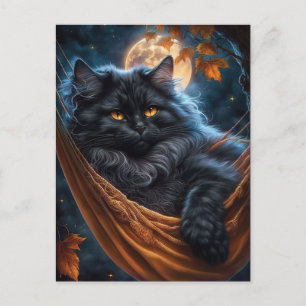 Carte Postale Chat noir lunaire sous la lune d'Halloween