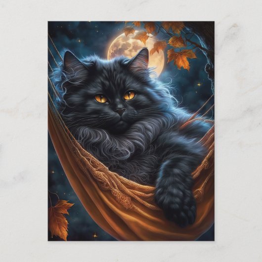 Carte Postale Chat noir lunaire sous la lune d'Halloween (Devant)
