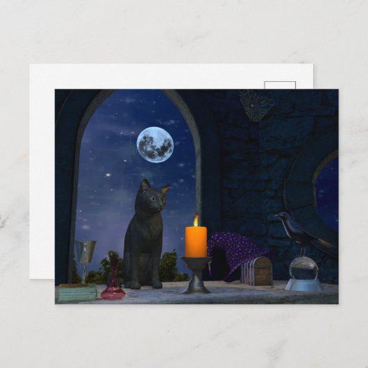 Carte Postale Chat noir mignon à la chandelle (Devant / Derrière)