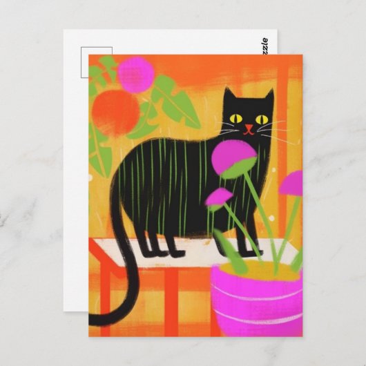 Carte Postale Chat noir mignon avec des rayures vertes dans les (Devant / Derrière)