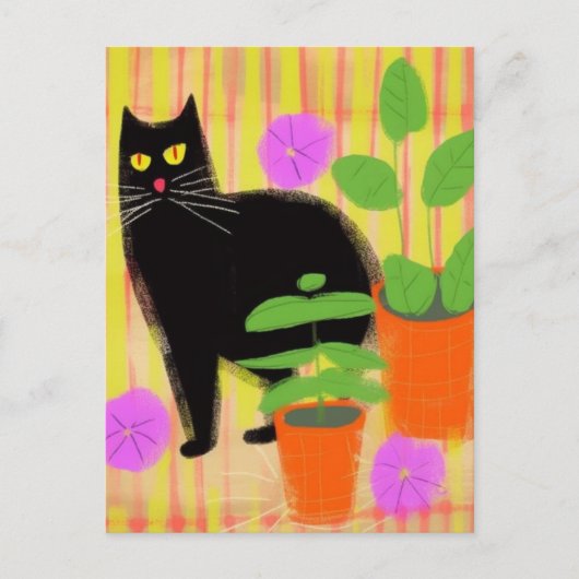 Carte Postale Chat noir mignon dans les plantes domestiques (Devant)