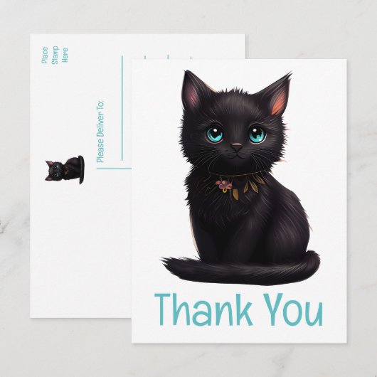 Carte Postale Chat noir mignon Kitty Kitty Merci (Devant / Derrière)