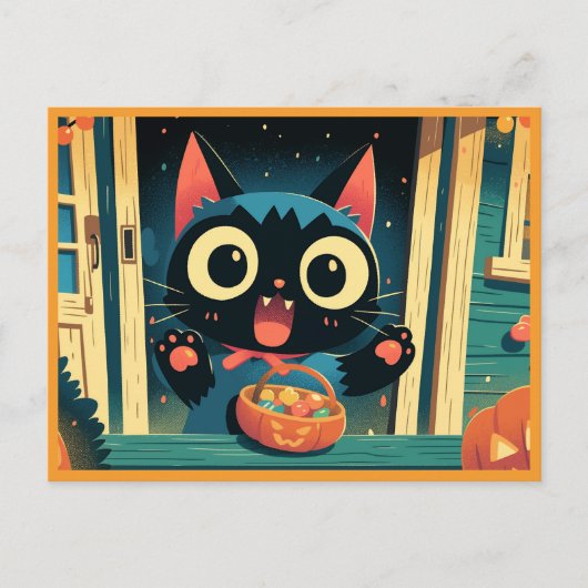 Carte Postale Chat noir mignon ou traiter Halloween (Devant)