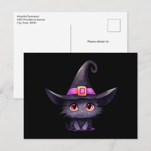 Carte Postale Chat noir mignon portant un Casquette de sorcière
