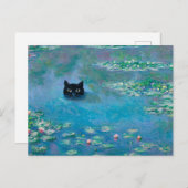 Carte Postale Chat noir nager dans les nymphes d'eau Découpage a (Devant / Derrière)