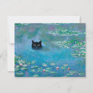 Carte Postale Chat noir nager dans les nymphes d'eau Découpage a