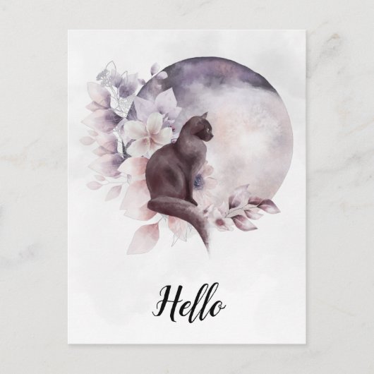 Carte Postale Chat noir par une Pleine lune magique (Devant)