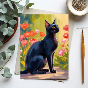 Carte Postale Chat noir   Peinture de fleurs aquarelles de chato