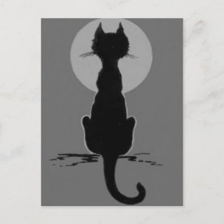 Carte Postale Chat Noir Pleine Lune Noir et Blanc Monochrome