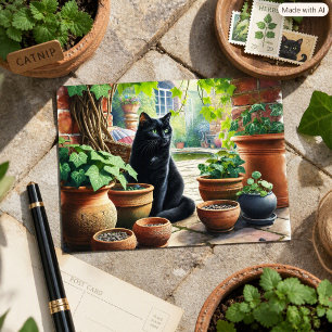 Carte Postale Chat noir regardant la croissance de l'herbe à cha