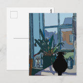 Carte Postale Chat noir regardant par la fenêtre, (Devant / Derrière)