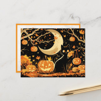 Carte Postale Chat noir rétro avec citrouilles lumineuses