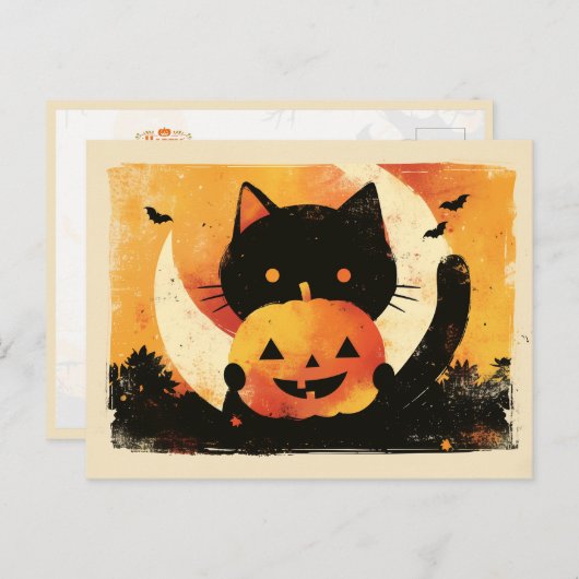 Carte Postale Chat noir rétro avec Jack O' Lantern (Devant / Derrière)