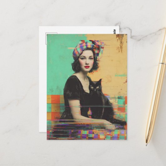 Carte Postale Chat noir rétro et dame Glitch (Devant/Arrière en situation)