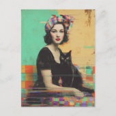 Carte Postale Chat noir rétro et dame Glitch (Devant)