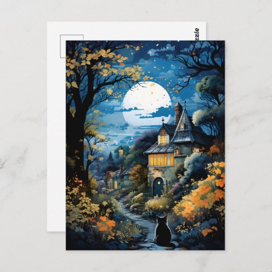 Carte Postale Chat noir - Sérénité Lune (Devant / Derrière)