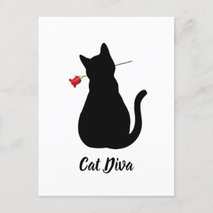 Carte Postale Chat Noir Silhouette Diva Rose Rouge Pet Amusant