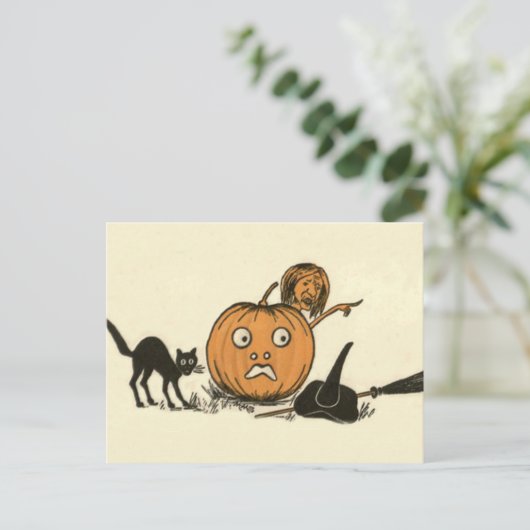 Carte Postale Chat noir sorcier Jack-o'-lantern (Debout devant)